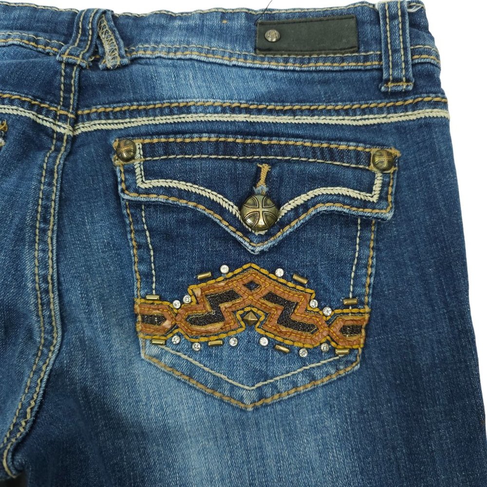 Antique Rivet Jeans BootCut Western Low Rise Sz 29 Rhinestone Stretch Distressed - Picture 5 of 14